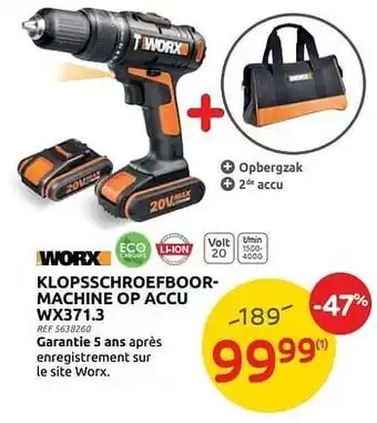 Brico Worx klopsschroefboormachine op accu wx371.3 aanbieding