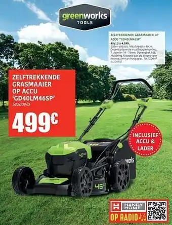 HandyHome Greenworks zelftrekkende grasmaaier op accu gd40lm46sp aanbieding