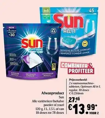 Delhaize Sun vaatwasmachinetabletten, optimum all in 1, regular aanbieding