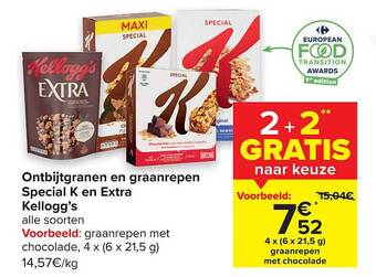 Carrefour Ontbijtgranen En Graanrepen Special K En Extra Kelloggs aanbieding
