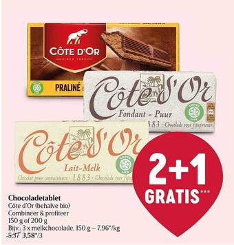Delhaize Chocoladetablet Côte D'or 2+1 Gratis aanbieding