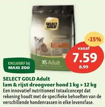 Maxi Zoo Select gold adult lam + rijst droogvoer hond aanbieding
