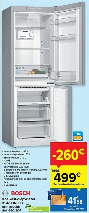 Carrefour Bosch koelkast-diepvriezer kgn33nleb aanbieding