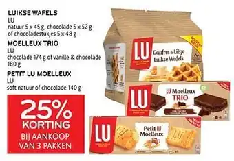Alvo Luikse wafels lu + moelleux trio lu + petit lu moelleux lu 25% korting bij aankoop van 3 pakken aanbieding