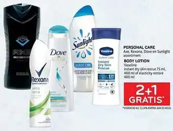Alvo Personal care axe, rexona, dove en sunlight + body lotion vaseline 2+1 gratis aanbieding