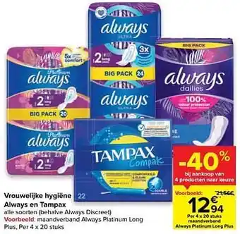 Carrefour Maandverband always platinum long plus aanbieding