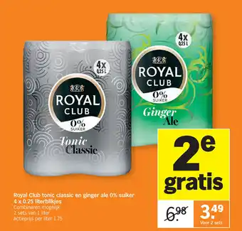 Albert Heijn Royal Club tonic classic en ginger ale 0% suiker 4 x 0.25 literblikjes aanbieding