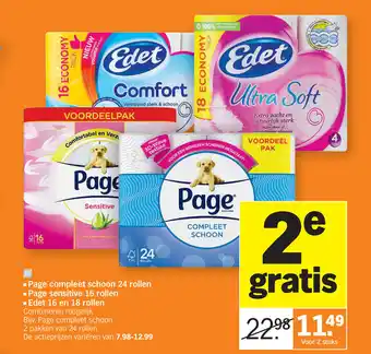Albert Heijn Page compleet schoon 24 rollen, Page sensitive 16 rollen, Edet 16 en 18 rollen aanbieding