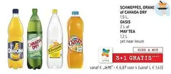 Spar Colruyt Schweppes, orangina of canada dry oasis of may tea aanbieding