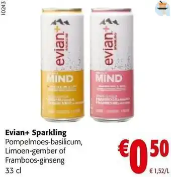 Colruyt Evian+ sparkling pompelmoes-basilicum, limoen-gember of framboos-ginseng aanbieding