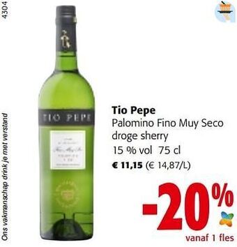 Colruyt Tio pepe palomino fino muy seco droge sherry aanbieding