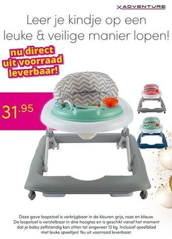 Baby & Tiener Deze gave loopstoel is verkrijgbaar in de kleuren grijs, roze en blauw aanbieding