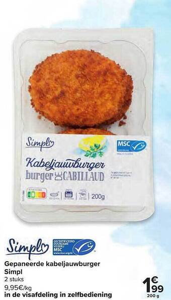 Carrefour Gepaneerde Kabeljauwburger Simpl aanbieding