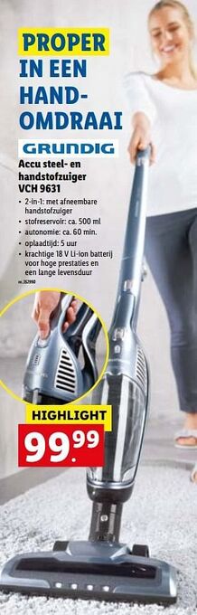Lidl Grundig accu steel- en handstofzuiger vch 9631 aanbieding