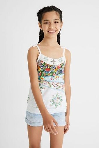 Katoenen shirt met schouderbandjes en print - WHITE - 11/12