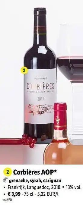 Lidl Corbières aop grenache, syrah, carignan aanbieding