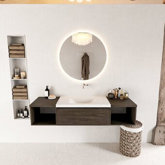 Sawiday Mondiaz BUKLA badmeubelset 160x45x34cm 0 kraangaten wasbak midden solid surface Talc greeploos 2 lades met softclose Melamine aanbieding