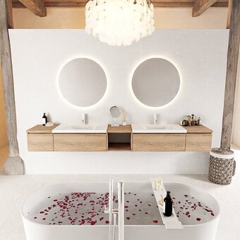 Sawiday Mondiaz BUKLA badmeubelset 280x45x34cm 2 kraangaten 2 wasbakken solid surface Talc greeploos 4 lades met softclose Melamine W aanbieding