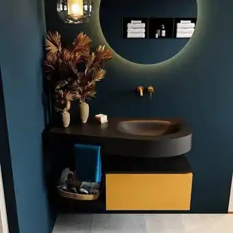 Sawiday MONDIAZ RIVA badmeubelsets 100x50x30cm 1 lade MDF Ocher mat push to open 0 kraangaten 1 wasbak rechts Urban solid surface aanbieding