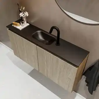 MONDIAZ TURE Toiletmeubel 100x23x50cm met 1 kraangaten 2 deuren light brown grey mat Wastafel Eden midden Solid Surface Zwart