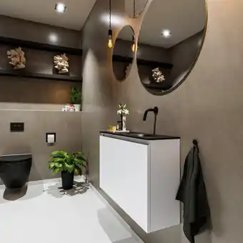 Sawiday MONDIAZ TURE Toiletmeubel 80x23x50cm met 0 kraangaten 2 deuren talc mat Wastafel Eden rechts Solid Surface Zwart aanbieding