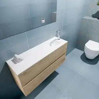 Sawiday MONDIAZ ADA Toiletmeubel 100x30x50cm met 1 kraangaten 2 lades washed oak mat Wastafel Lex rechts Solid Surface Wit aanbieding