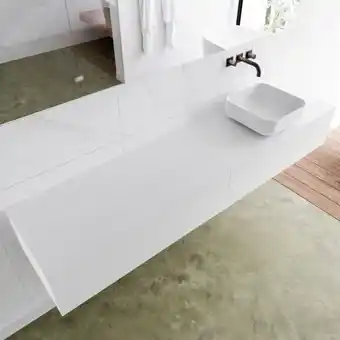 Sawiday MONDIAZ LAGOM 200cm badmeubel solid surface talc 2 lades Wastafel BINX opzetkom rechts zonder kraangat aanbieding