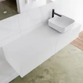 Sawiday MONDIAZ LAGOM 140cm badmeubel solid surface talc 2 lades Wastafel BINX opzetkom rechts 1 kraangat aanbieding