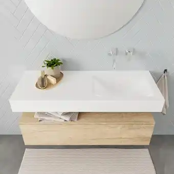 Sawiday MONDIAZ ALAN 120cm badmeubel onderkast washed oak 1 lade Vrijhangende wastafel cloud rechts zonder kraangat kleur talc aanbieding