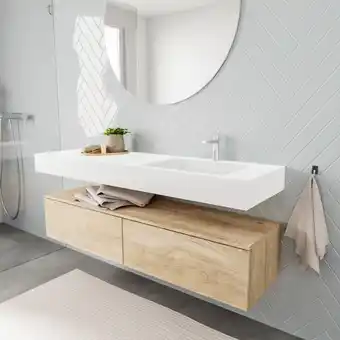 Sawiday MONDIAZ ALAN 150cm badmeubel onderkast washed oak 2 lades Vrijhangende wastafel cloud rechts 1 kraangat kleur talc aanbieding