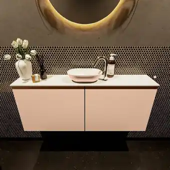 Sawiday Mondiaz Fowy toiletmeubel 120x50x23cm rosee mat 1 kraangat wasbak: midden 2 deuren solid surface met blad MDF kleur wasbak: R aanbieding