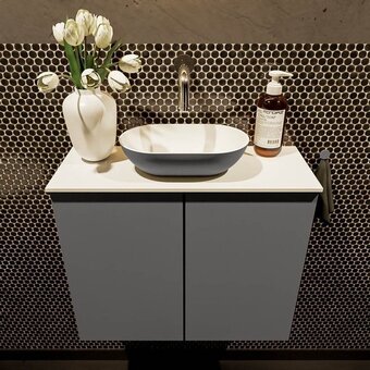 Sawiday Mondiaz Fowy toiletmeubel 60x50x23cm dark grey mat 0 kraangaten wasbak: midden 2 deuren solid surface met blad MDF kleur wasb aanbieding