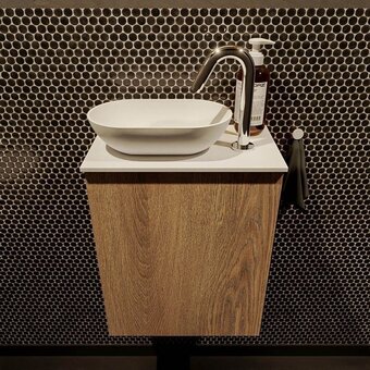 Sawiday Mondiaz Fowy toiletmeubel 40x50x23cm washed oak mat 1 kraangat wasbak: links 1 deur solid surface met blad Melamine kleur was aanbieding