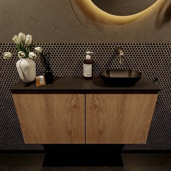 Mondiaz Fowy toiletmeubel 100x50x23cm washed oak mat 0 kraangaten wasbak: rechts 2 deuren solid surface met blad Melamine kle