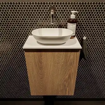 Sawiday Mondiaz Fowy toiletmeubel 40x50x23cm washed oak mat 0 kraangaten wasbak: midden 1 deur solid surface met blad Melamine kleur aanbieding