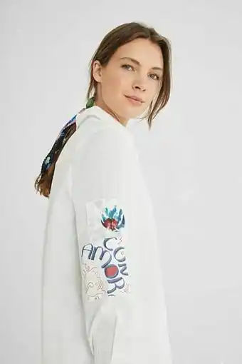 Desigual Shirt met bloemenpatch - WHITE - XL aanbieding