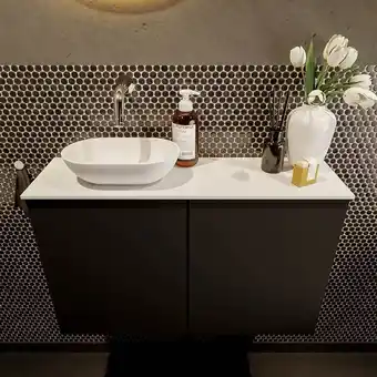 Sawiday Mondiaz Fowy toiletmeubel 80x50x23cm urban mat 0 kraangaten wasbak: links 2 deuren solid surface met blad MDF kleur wasbak: w aanbieding