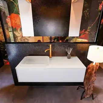 MONDIAZ ERIN 120cm badmeubelset onderkast kleur Cale met 1 lade Wastafel RIDGE links 1 kraangat kleur Linen