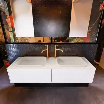 Sawiday MONDIAZ ERIN 150cm badmeubelset onderkast kleur Talc met 2 lades Wastafel RIDGE dubbel 2 kraangaten kleur Linen aanbieding