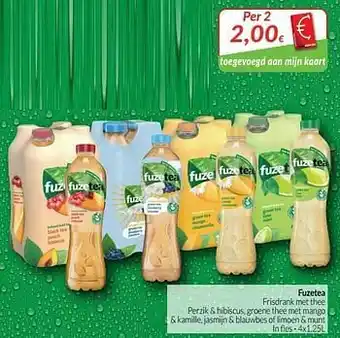 Fuzetea frisdrank met thee perzik + hibiscus, groene thee met mango + kamille, jasmijn + blauwbes of limoen + munt