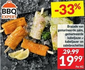 Intermarché Brazade van gemarineerde zalm gemarineerde kabeljauw of kabeljauw- en zalmbrochettes aanbieding