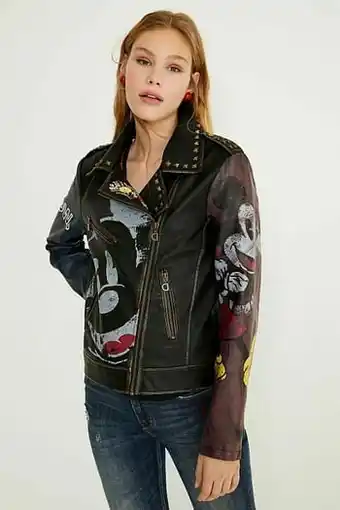 Desigual Slim fit bikerjack met Mickey Mouse-print - BLACK - 46 aanbieding