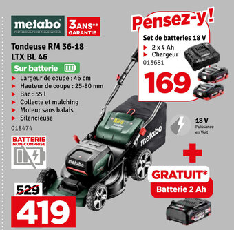 Mr Bricolage Metabo Tondeuse RM 36-18 LTX BL 46 aanbieding