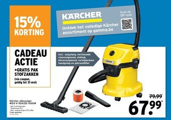 GAMMA Karcher alleszuiger WD3 V-15/4/20 1000W aanbieding