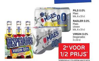 Alvo Pils 0.0% Maes, Radler 0.0% Maes, Virgin 0.0% Desperados aanbieding