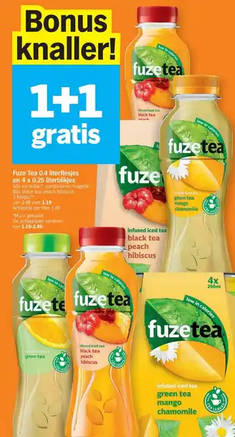 Albert Heijn Fuze Tea 0.4 literflesjes en 4x0.25 literblikjes aanbieding