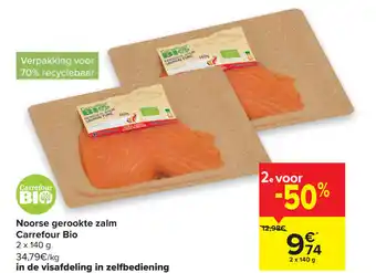 Carrefour Noorse gerookte zalm bio 2x140 g aanbieding