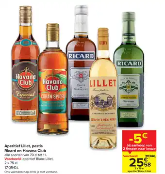 Carrefour Aperitief lillet, pastis ricard en havana club 2x75 cl aanbieding