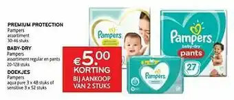 Alvo Premium protection pampers + baby-dry pampers + doekjes pampers €5. 00 korting bij aankoop van 2 stuks aanbieding