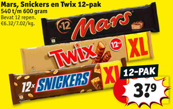 Kruidvat Mars, Snickers en Twix 12-pak 540 t/m 600 gram aanbieding